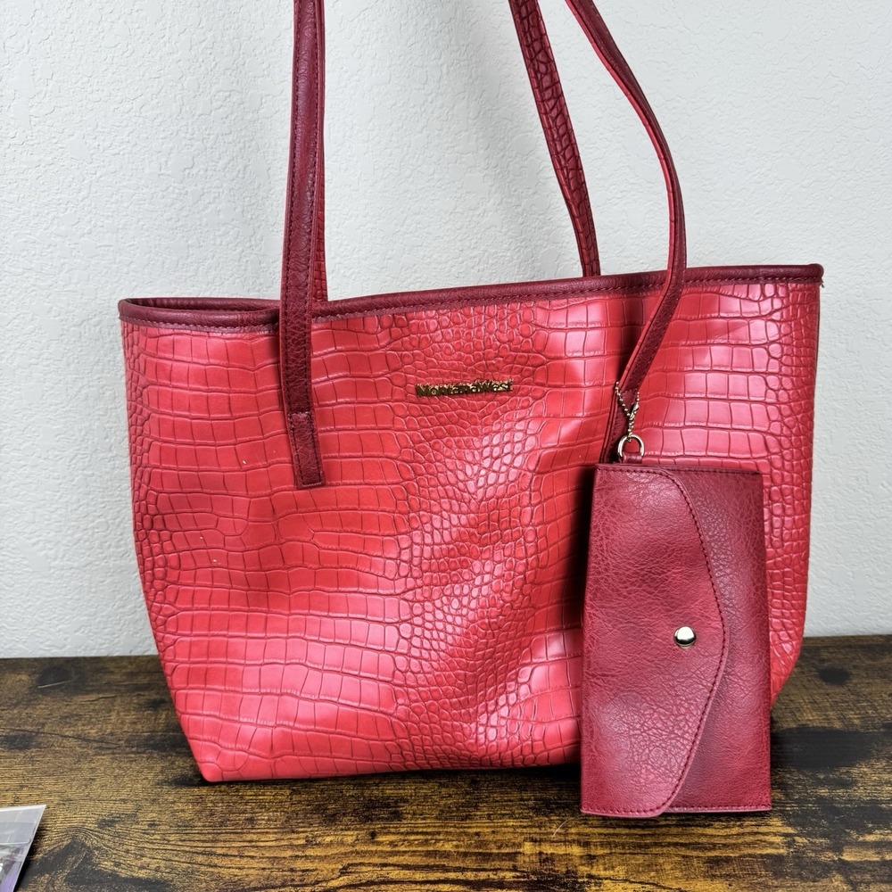 Montana West Red Croc Embossed Tote Shoulder Bag w‎ Pouch Large Handbag
